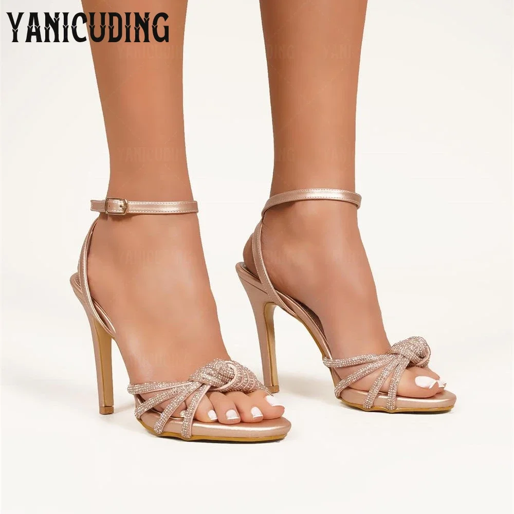 Knotted Rhinestone Sandals Round Toe Stiletto Summer Shoes Buckle Luxurious Design Sandals Women's Custom Colour Leather Sandals