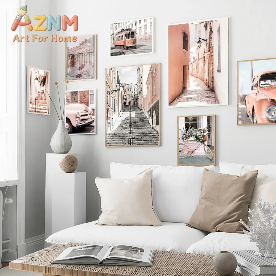 Lisbon Wall Art Canvas Prints Portugal Tram Belém Tower Posters, Pink Beige Boho Cityscape  Living Room Travel Lover Home Decor