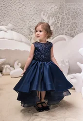 Elegant Navy Blue Flower Girl Dresses Applique Backless Hi-Lo Satin Bow Wedding Party Birthday First Communion Gowns for Kids