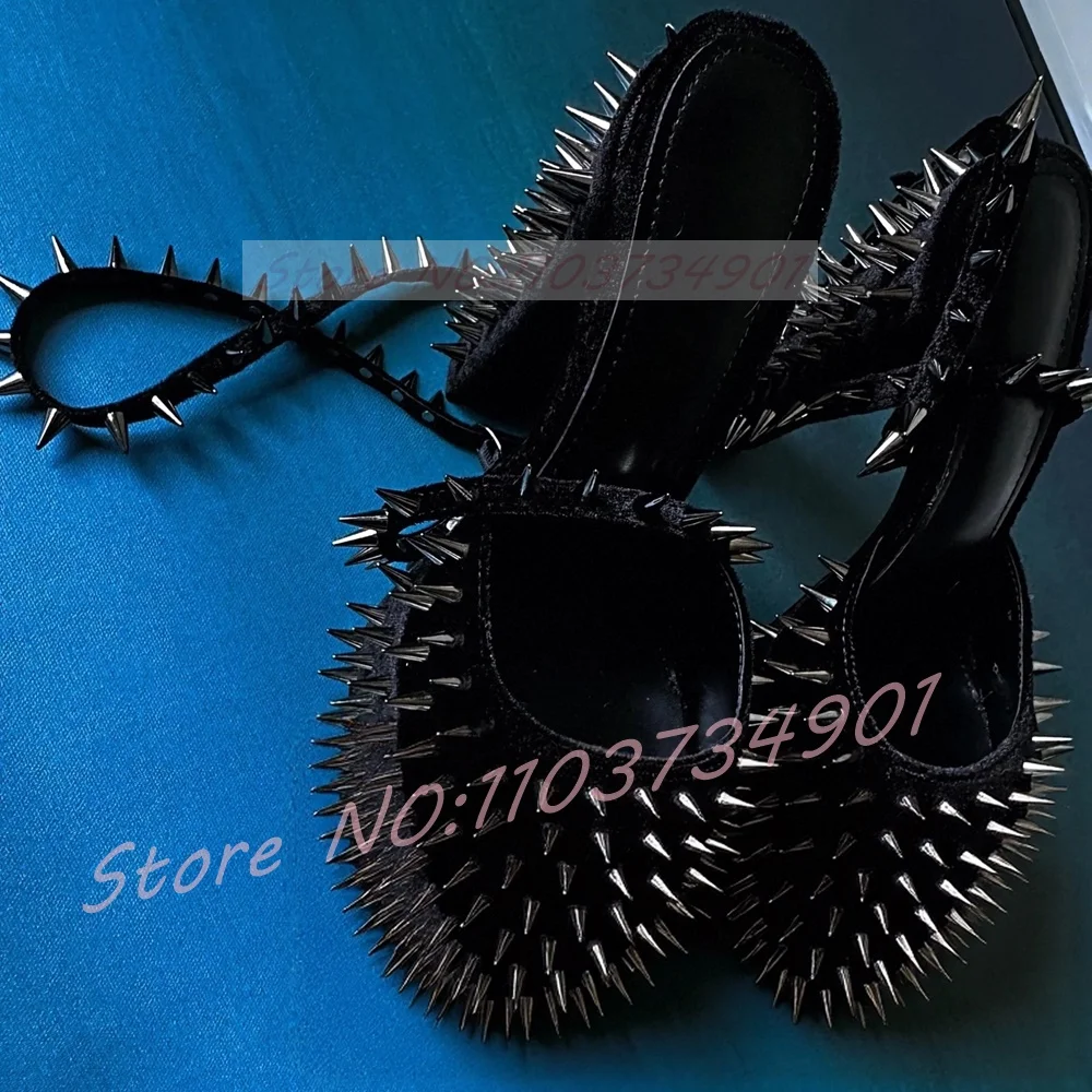 Studded Rivets Sandals Women Punk Platform Ankle Strap Flock Round Toe Block High Heels Shoes Ladies Party Sexy Nifty Sandals