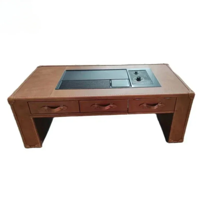 American retro leather box coffee table first layer cowhide storage coffee table with induction cooker tea table