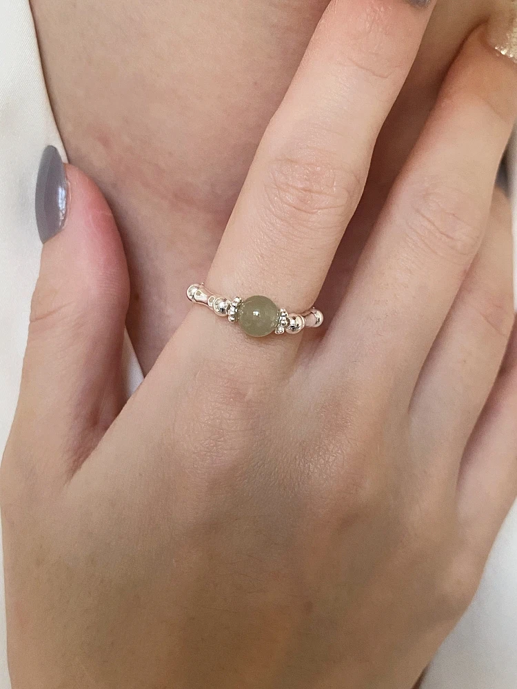 خاتم من الفضة الإسترليني من الخيزران المكسور من اليشم الهيتي مصنوع يدويًا مطرز بحبل مرن صيني جديد