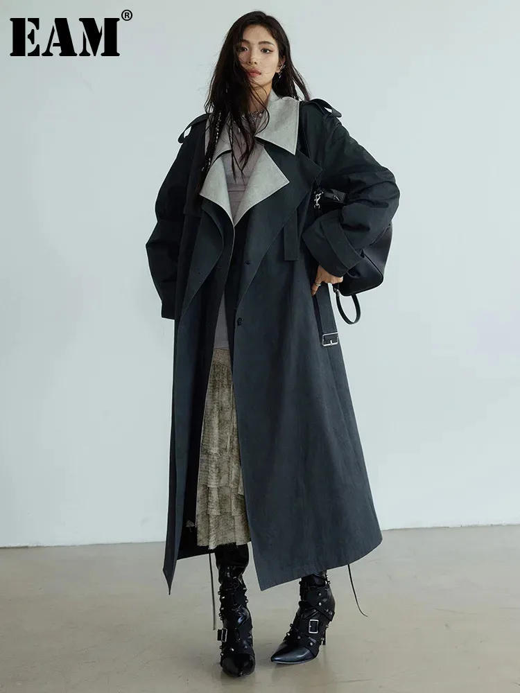 

[EAM] Women Gray Color-block Big Size Long Trench New Lapel Long Sleeve Windbreaker Fashion Tide Spring Autumn 2024 1DH7076