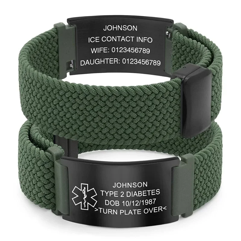Personalisiertes Medizinisches Warnarmband Elastisches Nylon Individuell Graviertes Etikett Medizinisches ID-Armband Verstellbares Andenken-Geschenk für die Gesundheit – Detail 18
