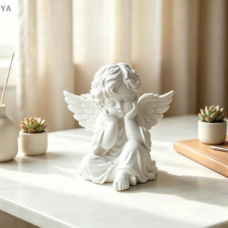 Hand Polished 3D Printed White Cherub Angel Statue Carved Wings Smooth Figurine for Home Bedroom Dresser Decor Valentine's Gift