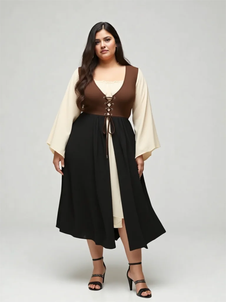 

ROSEGAL Plus Size Colorblock Patchwork Lace Up Flare Sleeves Vintage Dress 2025 Autumn Winter Square Collar Women Robe Dresses