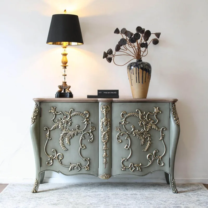 

Retro-style solid wood sideboard, neo-classical entrance, facing the entrance cabinet, carved decoration villa B&B customization