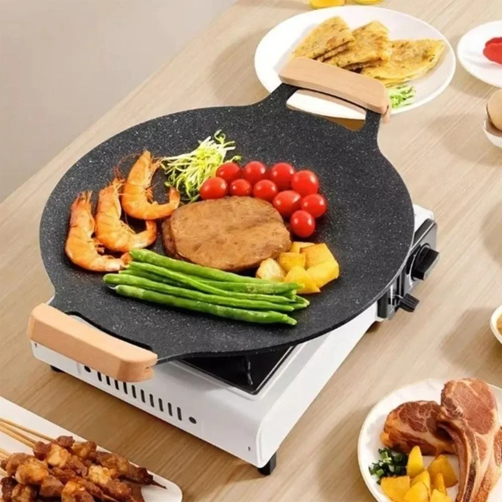 30/32/34/36/38cm Korean BBQ Grill Pan Heat-resistant Holder Wooden Handle Smokeless Griddle Pan Round Shape Non-Stick Frying Pan