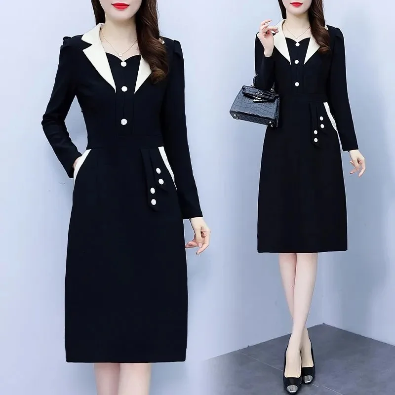 

French Lady Fake Two Pieces Large Size 5XL Vestidos Spring Autumn Women Long Sleeves Maxi Dress Female Patchwork Long Dresses ﻿