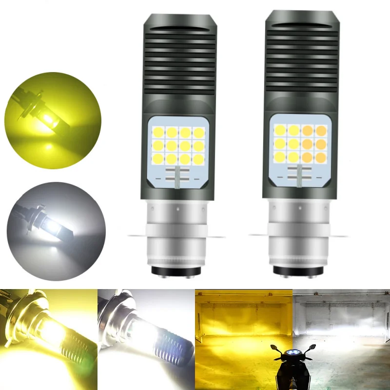 1pc Motorcycle H4 HS1 BA20D P15D Headlight Bulbs 3030 24MSD LED Light Dual Color White Yellow For ATV Moped Bike Plug And Play