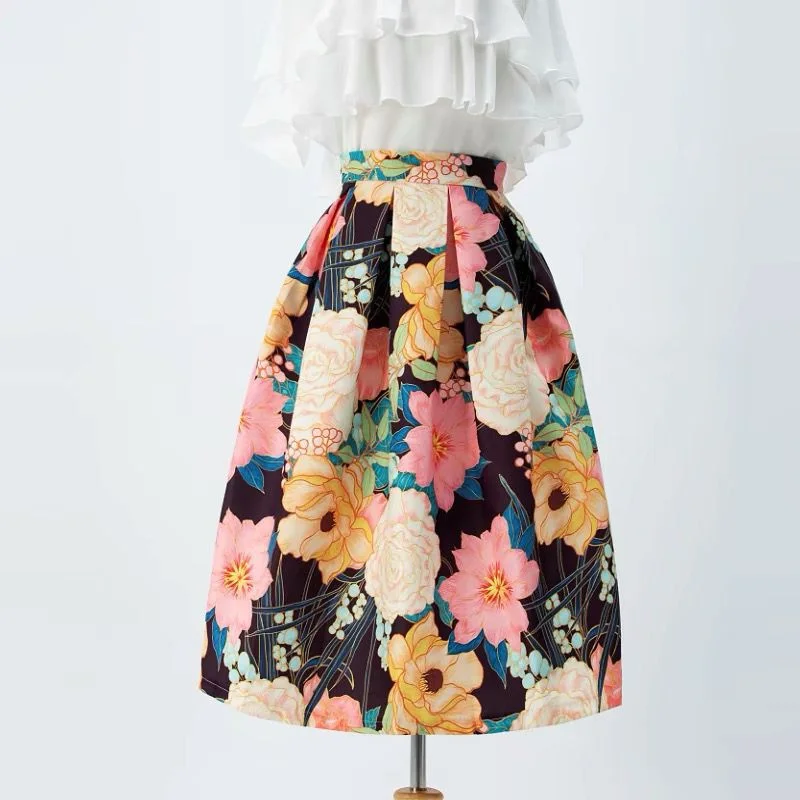 

Новая винтажная юбка с цветочным принтом и мультяшным принтом, женская мода, плиссированные трапециевидные повседневные юбки-миди с высокой талией, граффити Jupe Harajuku Y2k