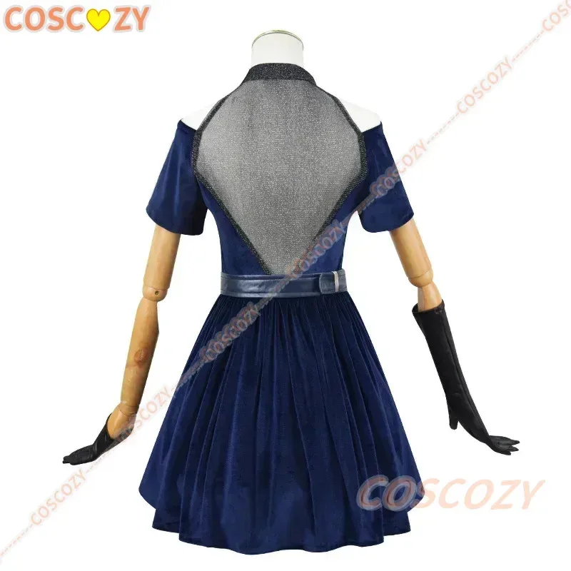Anime alienígena palco mizi cosplay traje peruca azul escuro vestido rosa azul luvas de cabelo longo meias cinto conjunto uniforme para o natal