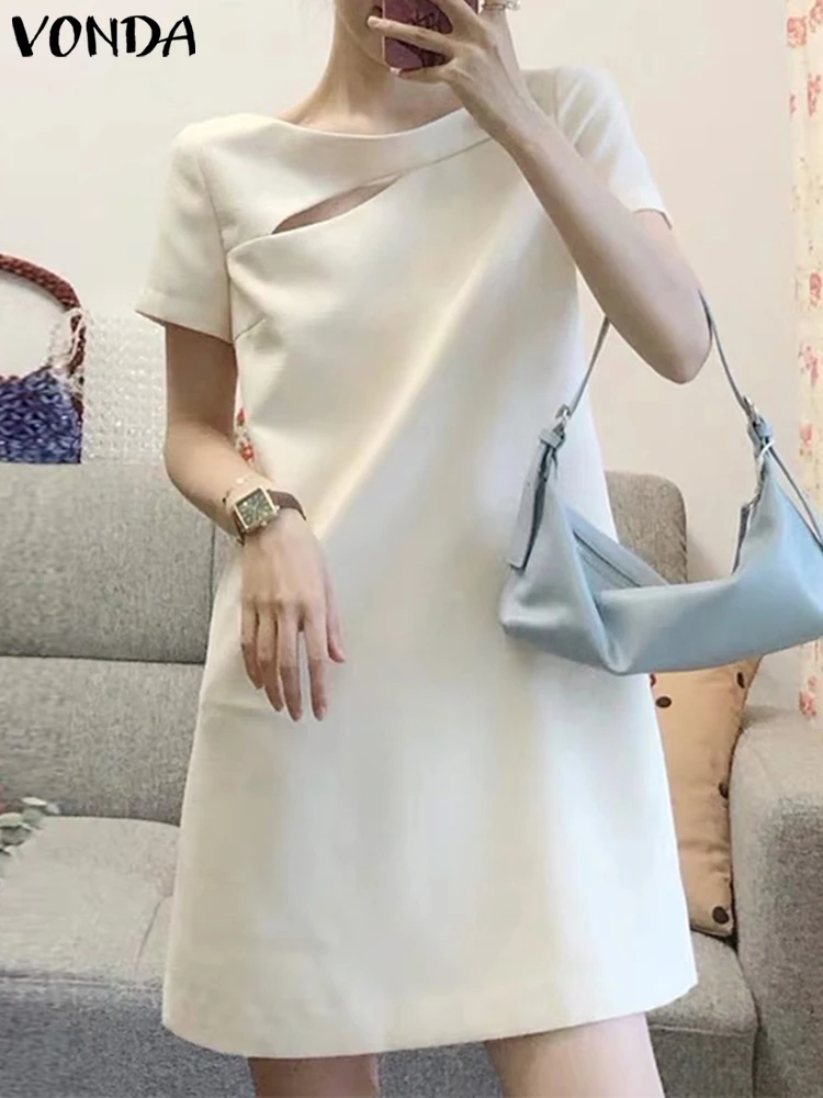 VONDA Vestido corto para mujer 2025 Casual Color sólido Mini bata de manga corta cuello redondo Vestidos de playa fiesta cuello redondo vestido veraniego de verano