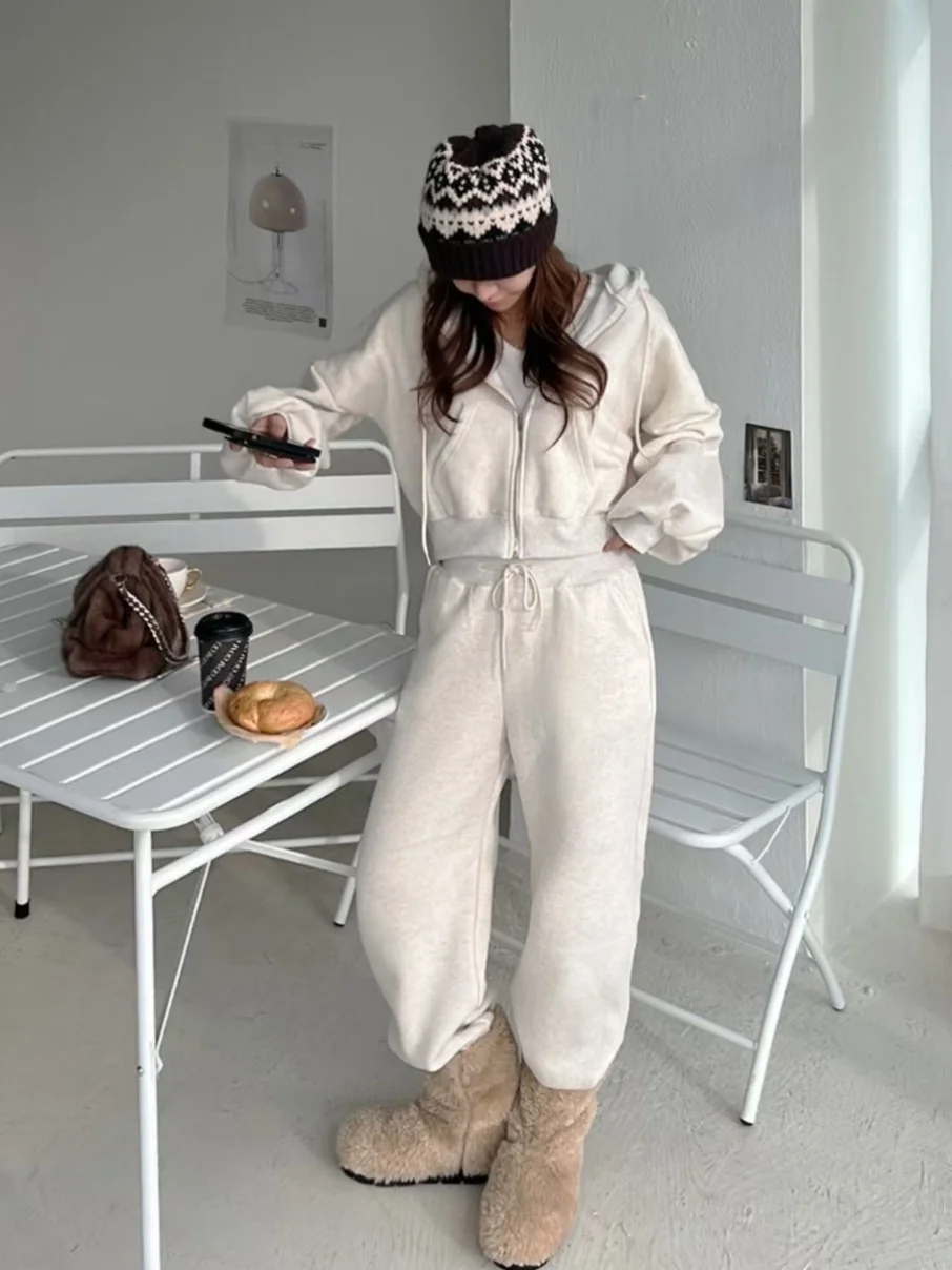 Felpa con cappuccio da donna Cardigan Pantaloni larghi larghi a gamba dritta Set Cerniera ort Versatile Dstring Vita Primavera Faion