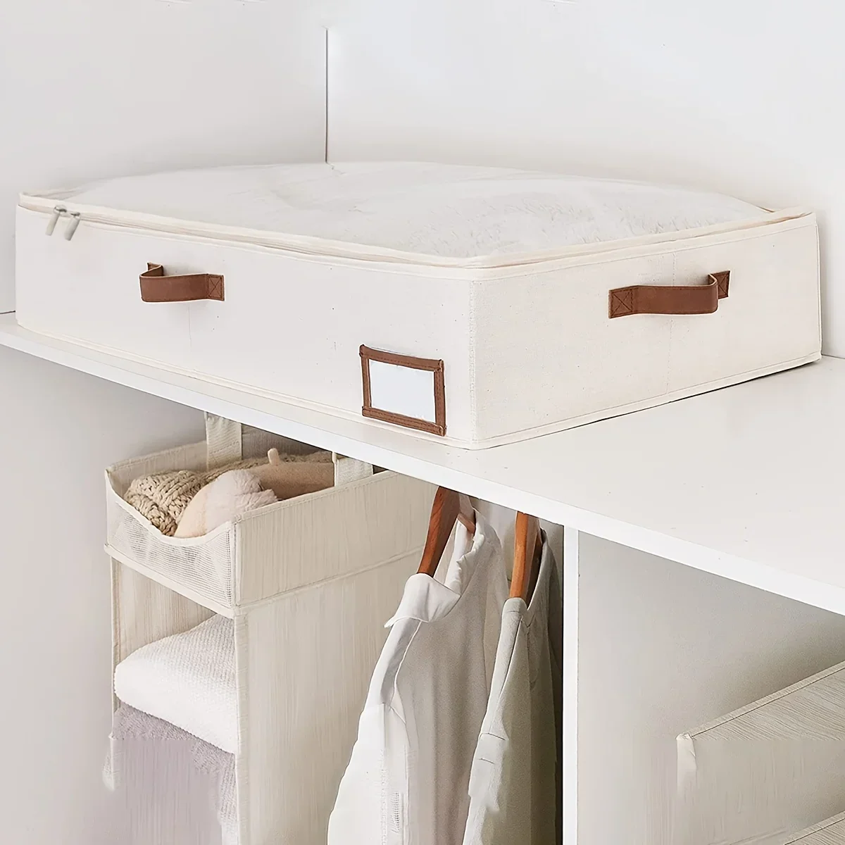 Underbed Storage Box, Under Bed Clothes Organizer With Sturdy Structure and Ultra Thick Fabric, Ivory White, Large