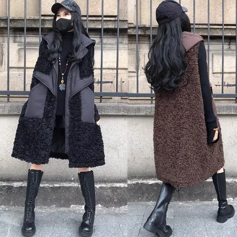Autumn Winter New Loose Thickened Korean Style Lamb Fur Mid-Length Fashion Hooded Plush Vest Coat Warm Casual Outerwear Top