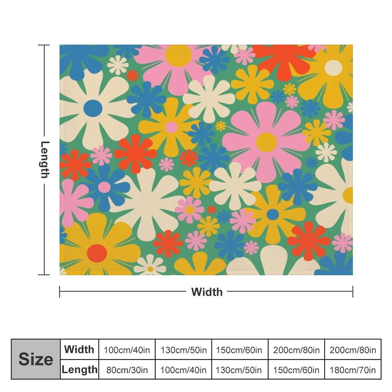 Retro Flowers 60s 70s Aesthetic Colorful Floral Pattern in Pop Green Blue Pink Red Mustard Yellow Cream Throw Blanket