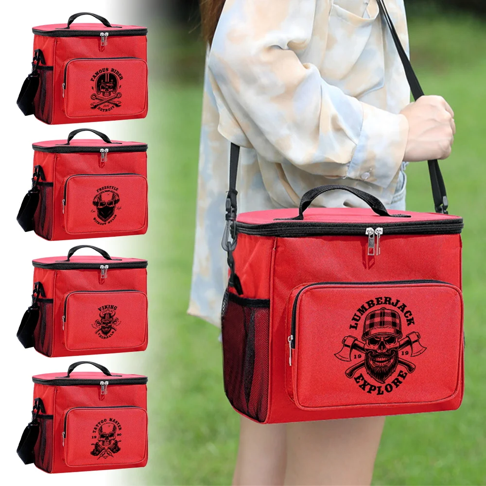 Thermal Container Lunch Bag for Teenage Students Pink Color - Multi-Pocket Food Cooler Skull Series Printing Food Storage Bag