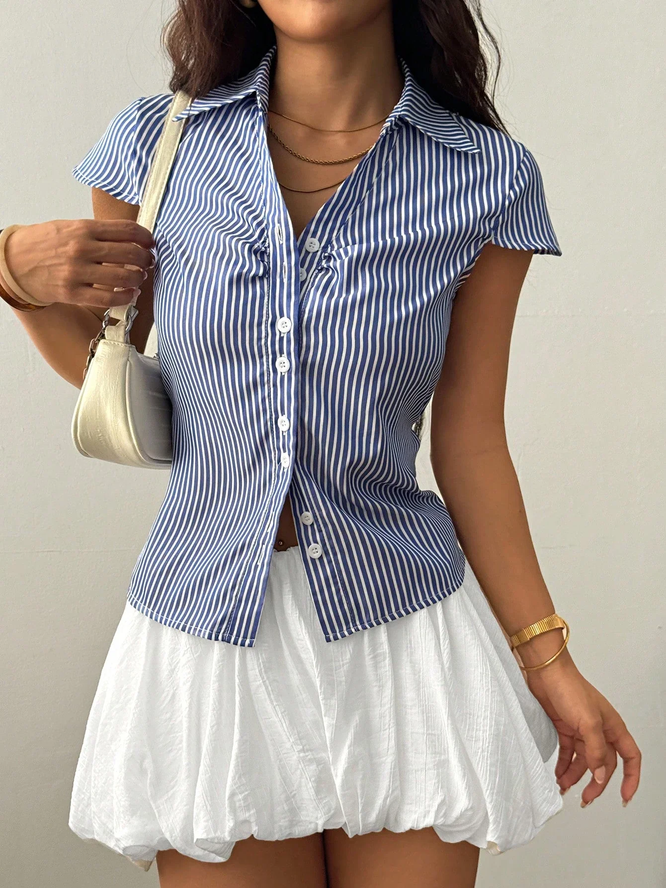 

Striped Cinched Waist Short Sleeve Button Front Shirt