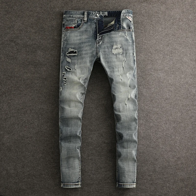 

Fashion Designer Men Jeans High Quality Retro Washed Blue Stretch Slim Fit Ripped Jeans Men Hole Patched Vintage Denim Pants