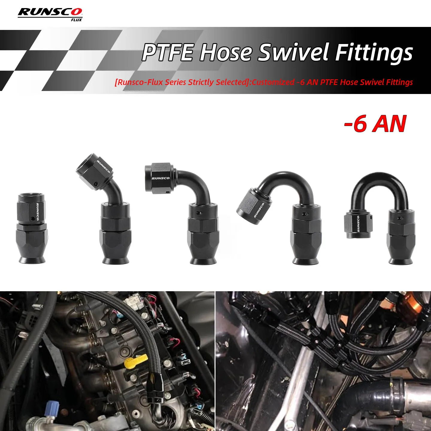 Runsco Strictly Selected AN6 PTFE Swivel Fittings | 0° to 180° Aluminum Hose Ends | Racing Performance Parts