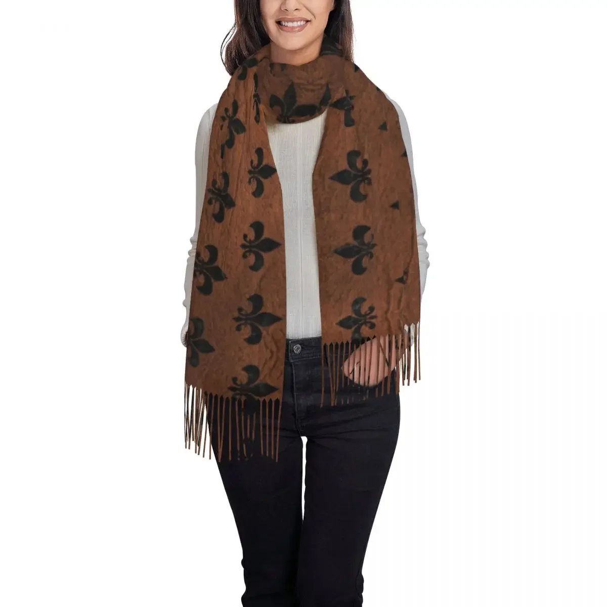 Royal Black Marble Brown Leather Fleur De Lis Scarf Wrap Women Long Winter Warm Tassel Shawl Unisex Lily Flower Symbol Scarves