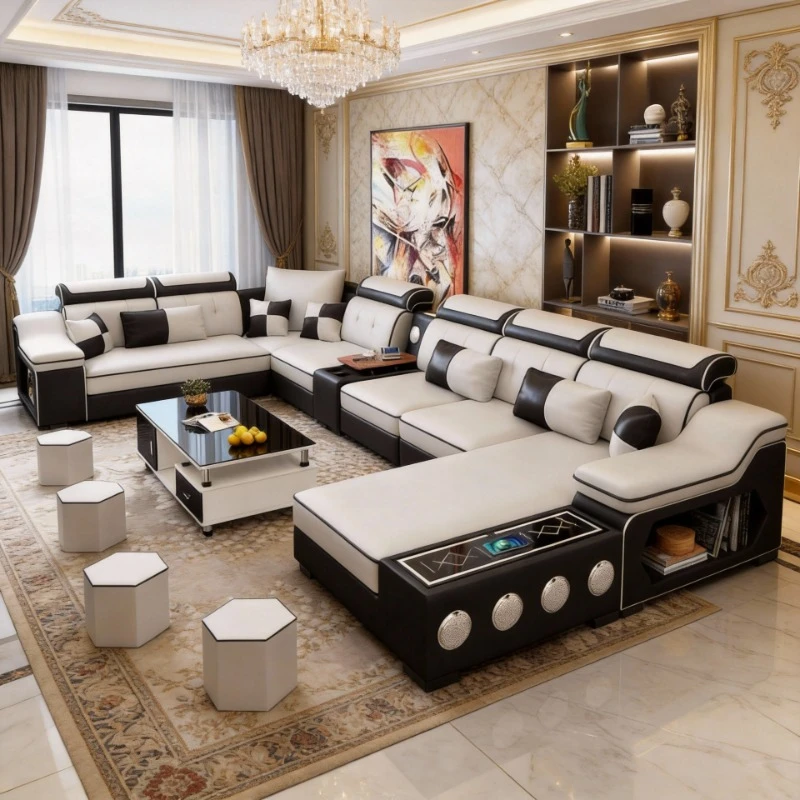 

Современный секционный диван Linlamlim с тканевой обивкой, шезлонгом, Bluetooth-колонками и USB-портами для зарядки для гостиной