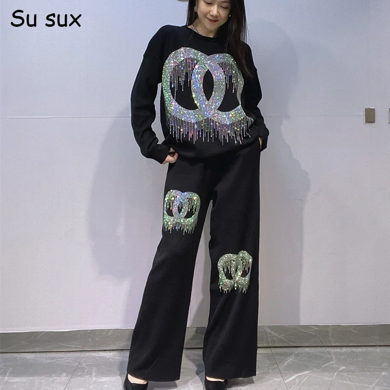 Geometric Pattern Knitted Wide Leg Pant Sets Woman Outfits Casual O Neck Long Sleeve Knitwear Matching Sets Vestidos Y2k Clothes