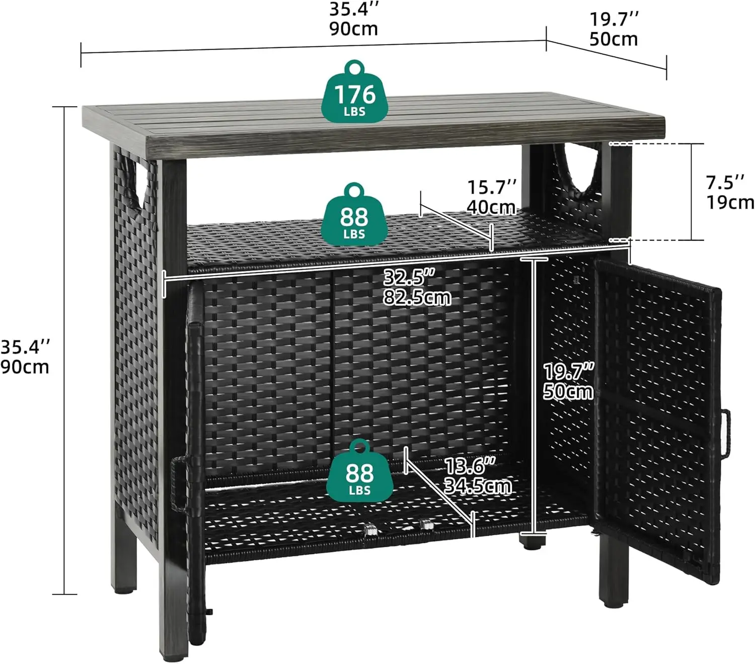 Weatherproof Wicker Storage Cabinet, Black Console Table, Patio Bar Table, Outdoor, 2 Portas e Prateleiras