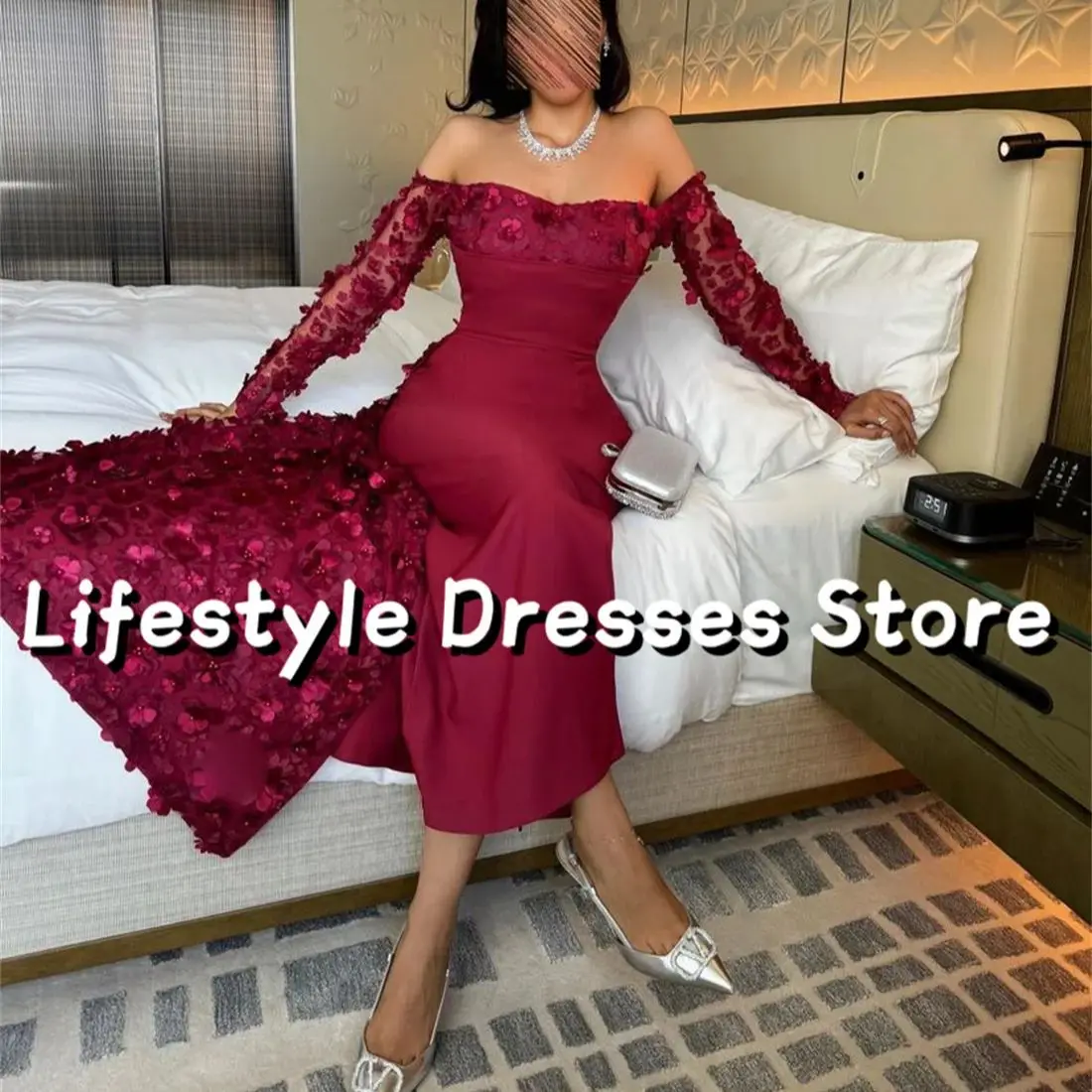 

Off Shoulder Burgundy Elegant Evening Dresses Long Sleeves Flower Beads Sweet Party Gown vestidos para eventos especiales