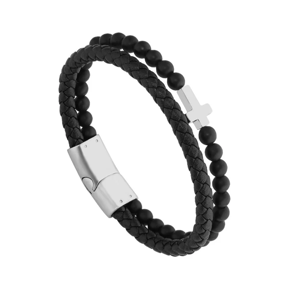 Men Bracelet Leather Double-Row Braided Bracelet Black Bible Verse Lava Rock Bead Bracelet Magnetic Cross Bracelet Husband