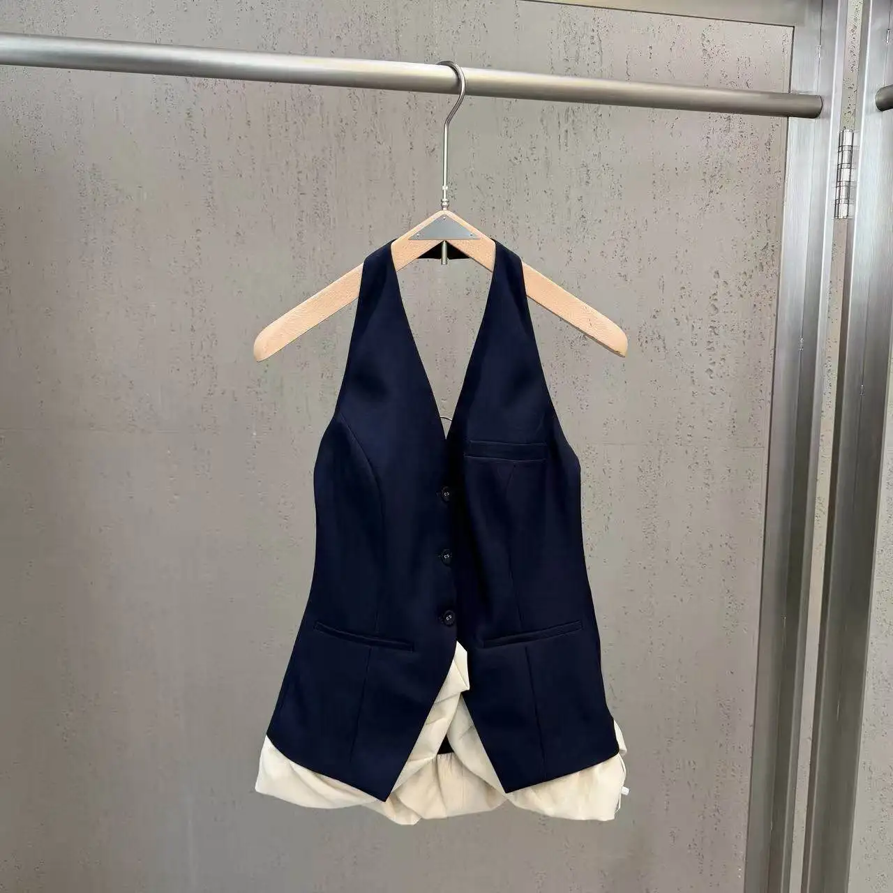 High Street French Style Socialite 2pcs Set Women's Summer Navy Blue Hanging Neck Vest Short Skirt Two-piece Set