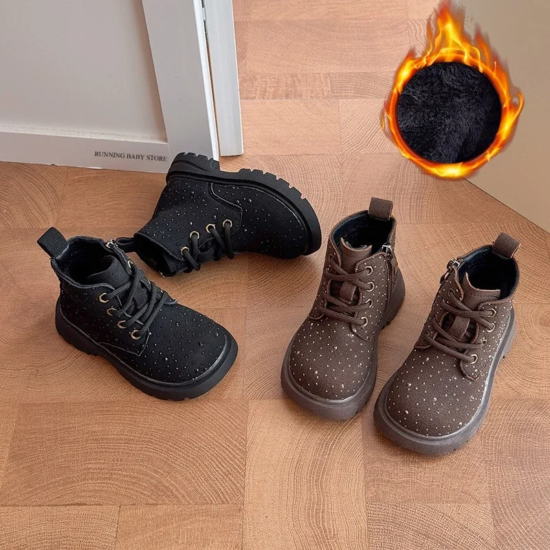 Kids Sparkly Rivets Short Boots Winter Keep Warm Plush Lined Boots Girls Thick Sole Non-slip Versatile Casual Ankle Boots