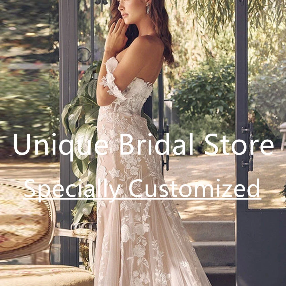 Vestido de novia de sirena de tul personalizado con hombros descubiertos, apliques con cuello en V y espalda descubierta con cremallera, Vestido elegante y hermoso para mujer