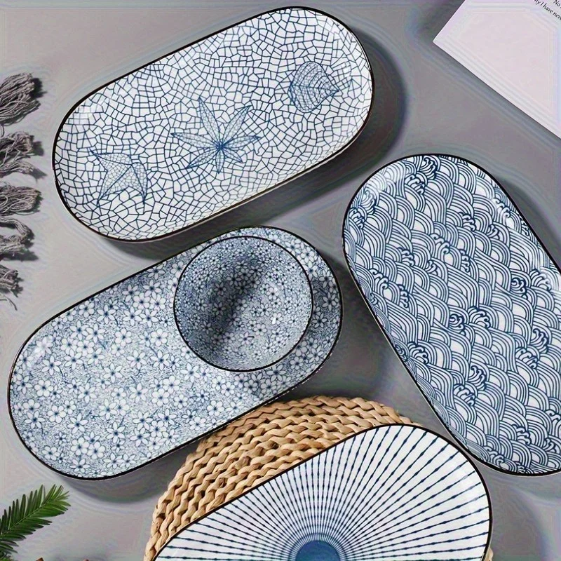 Japanese Style Blue & White Oval Ceramic Plate - Long Serving Platter with Assorted Patterns