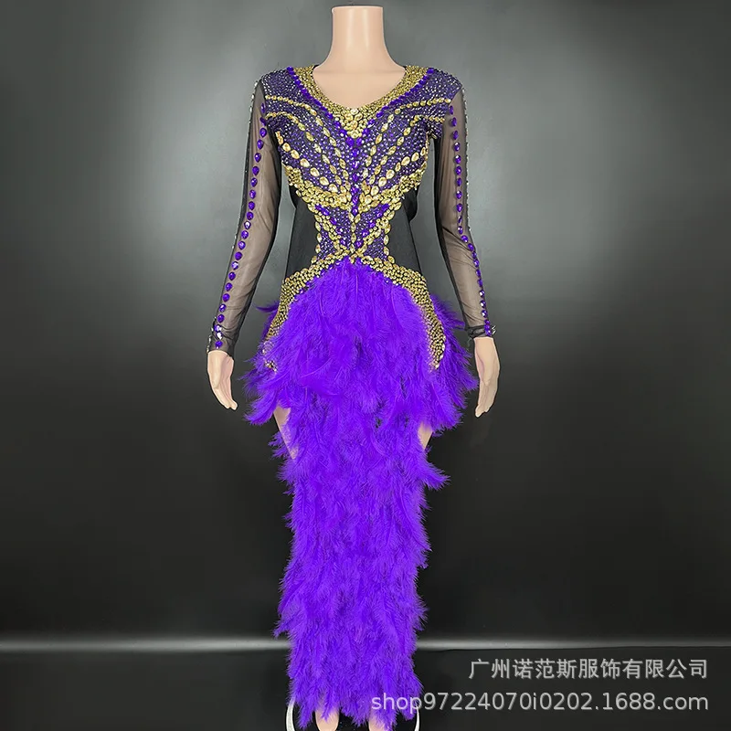 

Purple Feather Side Split Sexy Backless Dinner Company Annual Meeting Star Red Carpet Live House Performance Clothes Ever Pretty
