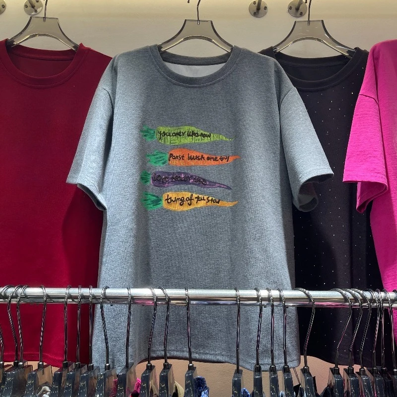 가을 겨울 신상 한국 스타일 티셔츠 자수 레터링 루즈핏 슬림핏 다용도 캐주얼 기모 반팔 티셔츠 여성용