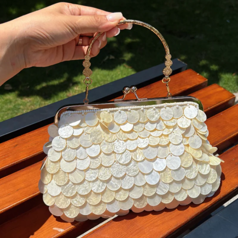 

Shell Sequined Evening Clutch Bag Gold Handle Purse With Metal Floral Frame Women Elegant Clamp Design Handbag For Wedding Party
