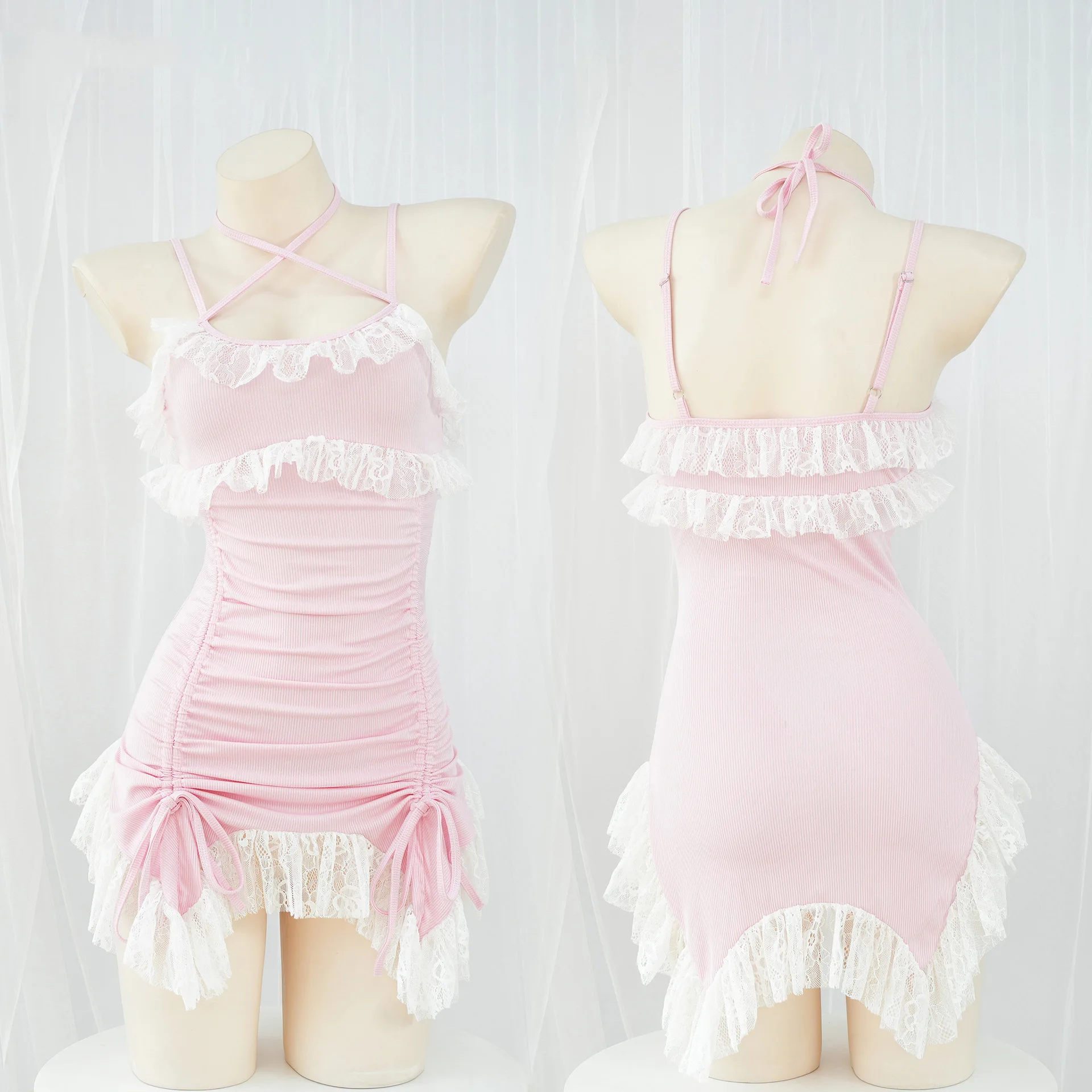 Sexy Cosplay Anime Lolita Girls Pink Knitted Halter Bandage Pajamas Ruffles Homewear Women Party Sleep Dress