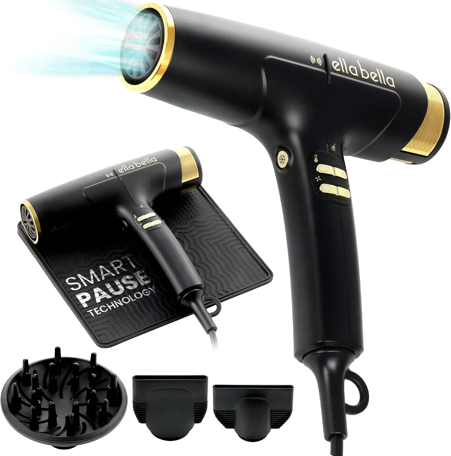 Professional Ionic Hair Dryer with Smart Mat, 1600W Fast-Drying Blow Dryer, Auto-Pause, Frizz Control, Diffuser Included