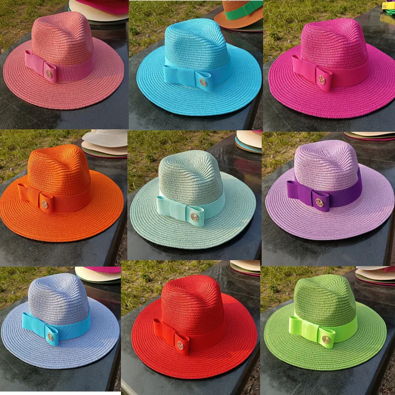 Colored straw hat M logo sun hat new jazz top straw hat Korean fashion elastic ribbon hat beach hat candy color sun hat