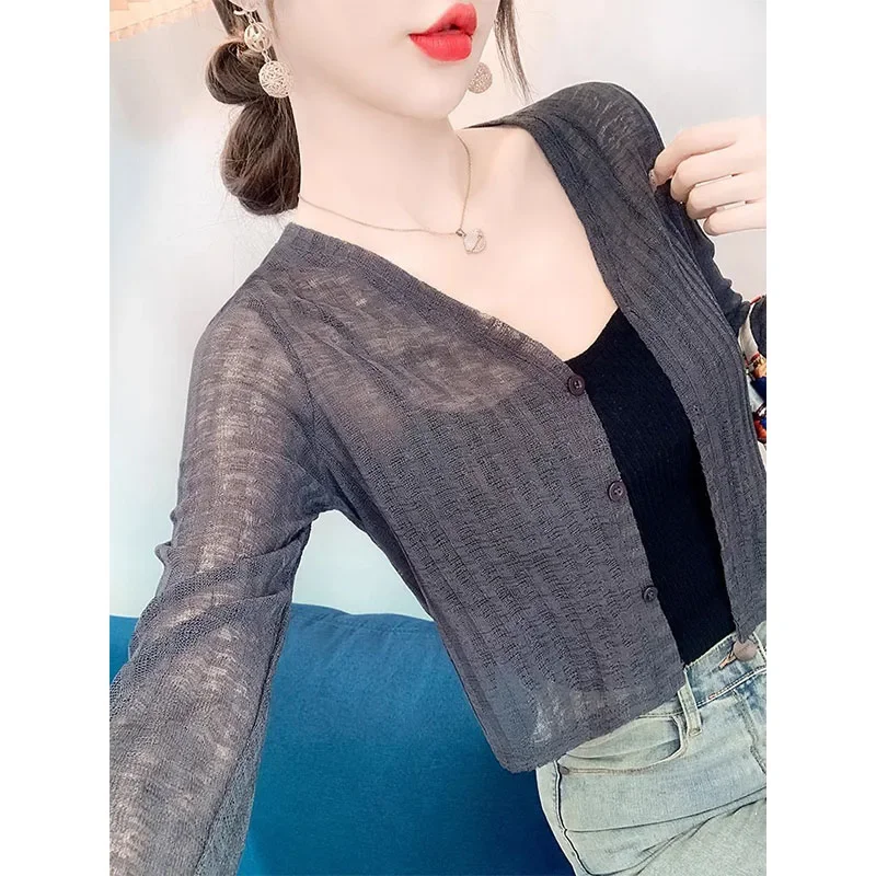 夏用長袖ショール付きエアコンブラウス、おしゃれなショートカーディガン、薄手ジャケット