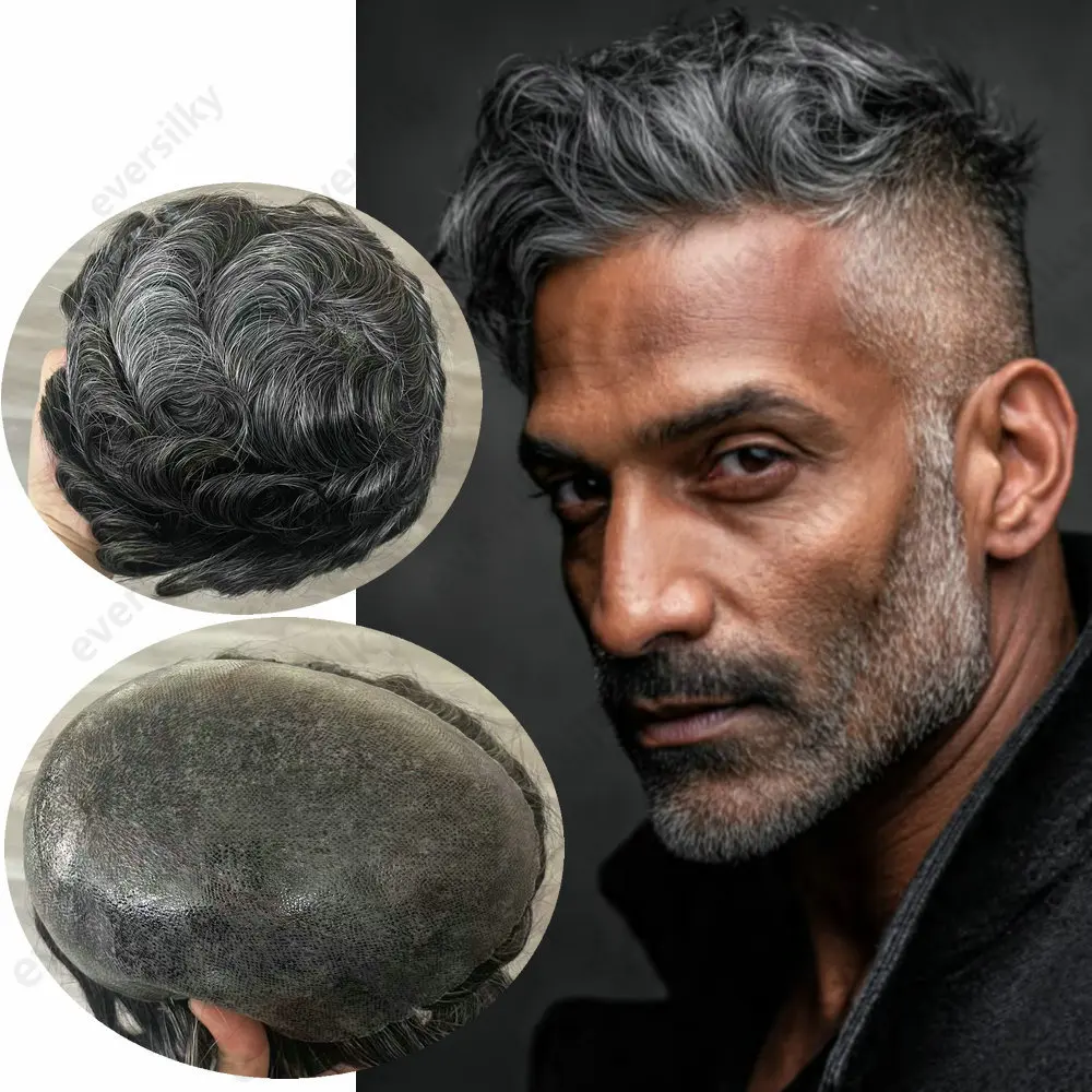 Herren-Toupet Günstigstes Hellbraunes Graues Schwarzes Echthaar-Perückensystem mit Natürlicher Haarlinie Langlebiges Dünnes PU-System Haarprothese – Detail 2