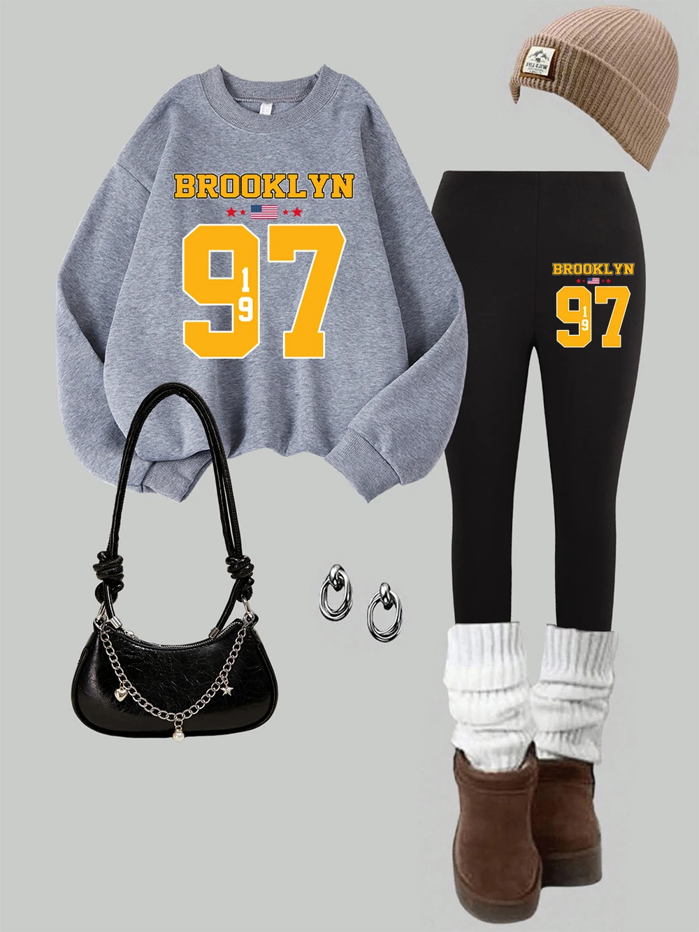 2 قطعة المرأة بروكلين الولايات المتحدة الأمريكية 1997 الطباعة بلوزات طماق مجموعة الشتاء الصوف الحراري هوديي السراويل الأساسية امرأة الركض الملابس #3