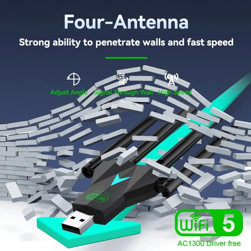 2.4G + 5Ghz 1300Mbps 4 هوائي واي فاي USB محول ثنائي النطاق واي فاي دونغل USB3.0 عالية السرعة استقبال البطاقة اللاسلكية للكمبيوتر/الكمبيوتر المحمول Win