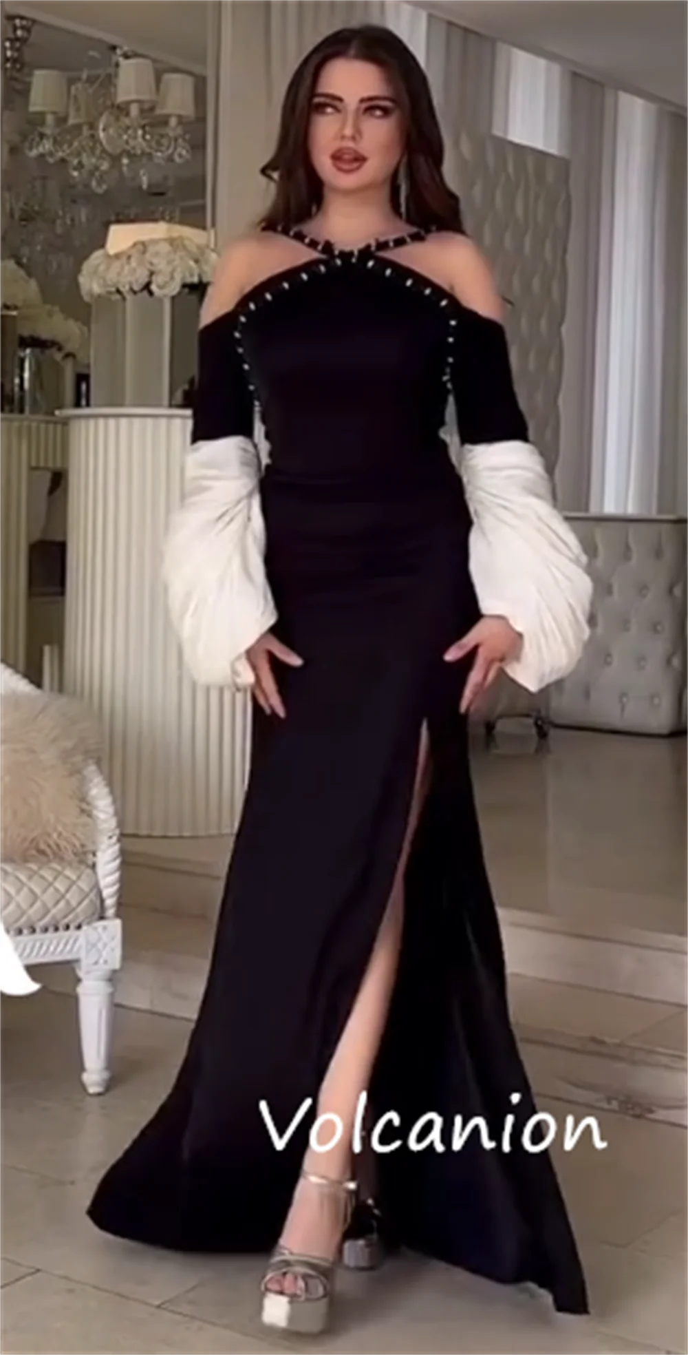 Customized High Quality Jersey Sequined Pleat A-line Halter Long Dresses Bespoke Occasion Modern Style Sexy