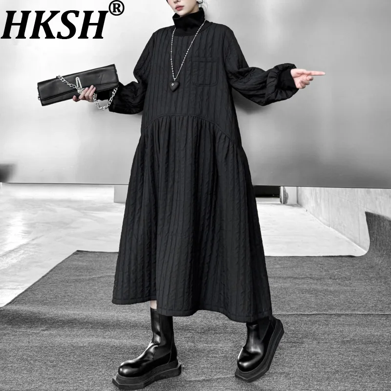 HKSH Herbst Winter Neue Frauen Verdicken Kleid Rollkragen Langarm Drapierte A-line Elegante Casual Ins Baumwolle gefütterte Kleider HK16647
