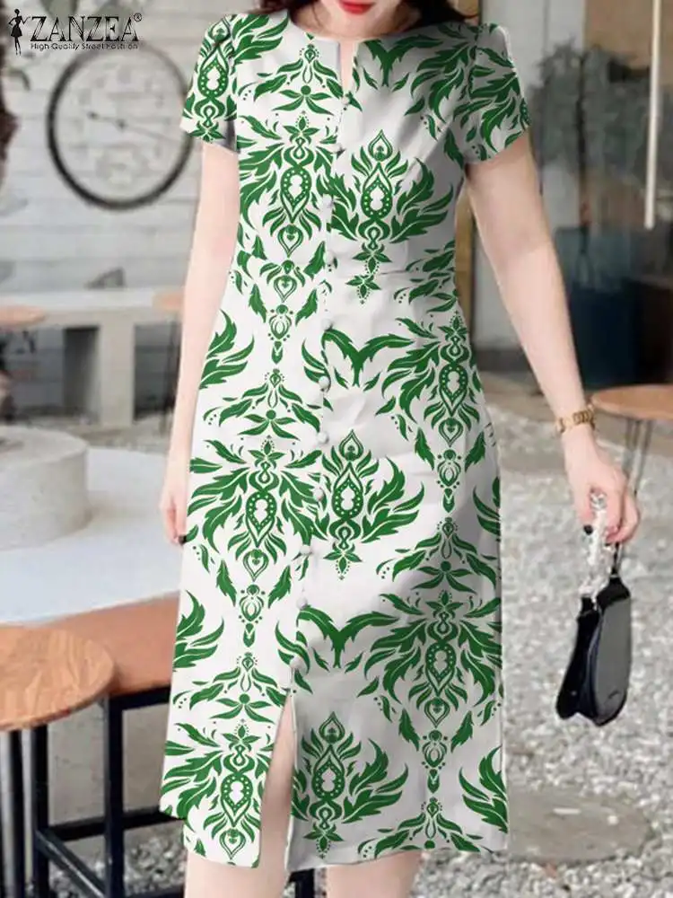 

ZANZEA 2024 Fashion Retro Slit Hem Vestidos Holiday Summer Short Sleeve Robe Women Floral Print Midi Dress V-neck Dress Oversize