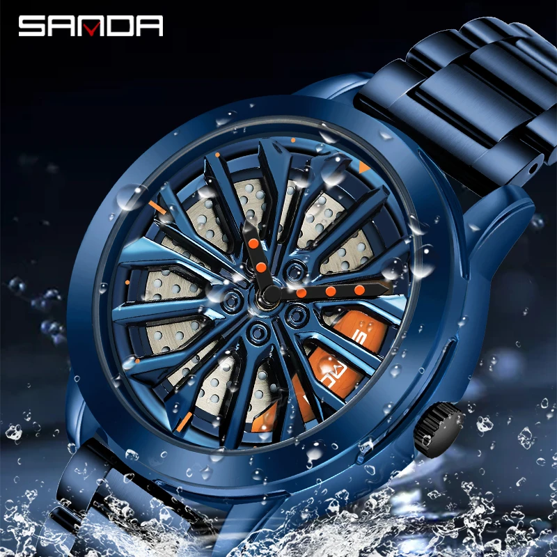 SANDA Hot Sell Fashion Car Wheel Watch 360 Rotating Dial Clock Leather Waterproof Rim Hub Quartz Wristwatch Relogio Masculino