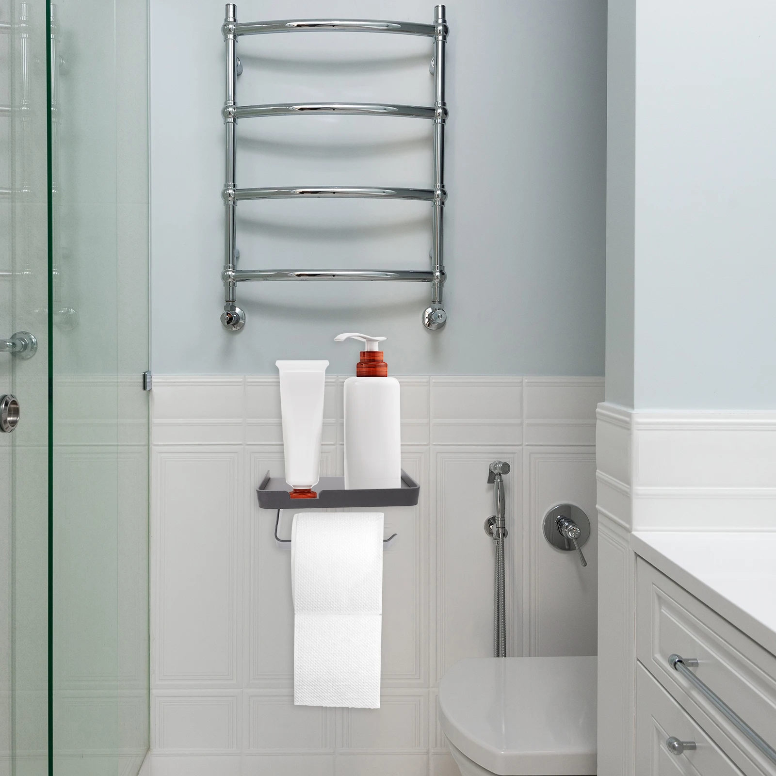 

Stainless Steel Toilet Paper Holder Wall Mounted Bathroom Rack With Storage Shelf Grey Rust Resistant Long Lasting